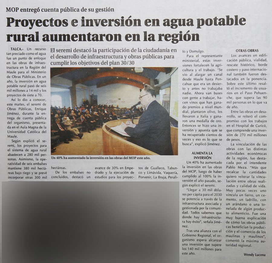 26 de abril en Diario El Centro: “Proyectos e inversión en agua potable rural aumentaron en la región”
