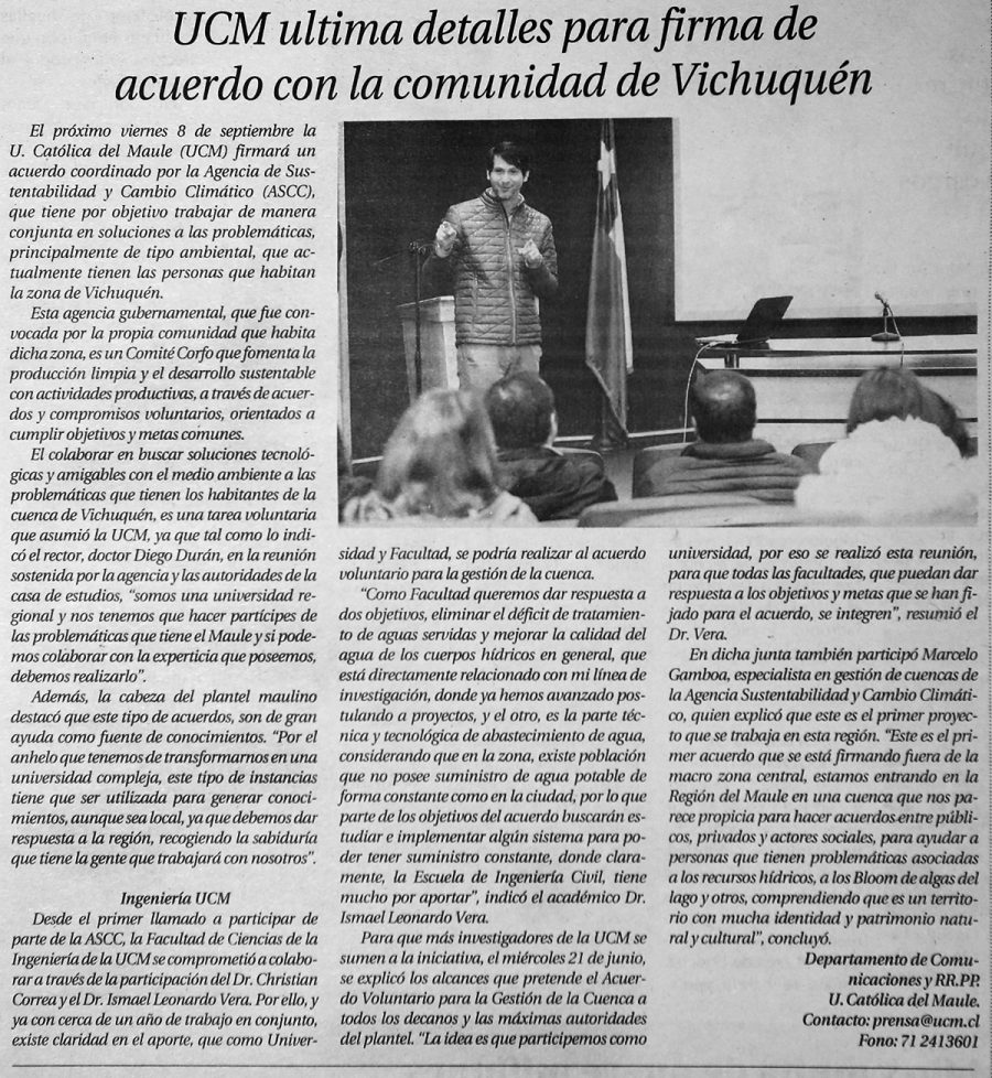 26 de junio en Diario El Centro: “UCM ultima detalles para firma de acuerdo con la comunidad de Vichuquén”