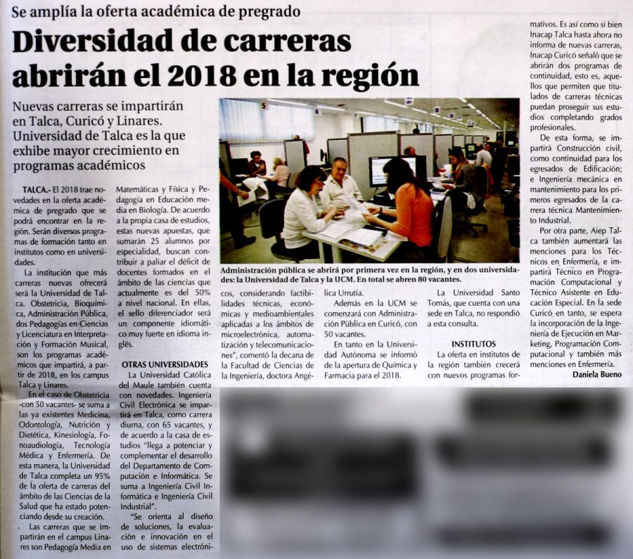 26 de agosto en Diario El Centro: “Diversidad de carreras abrirán el 2018 en la región”