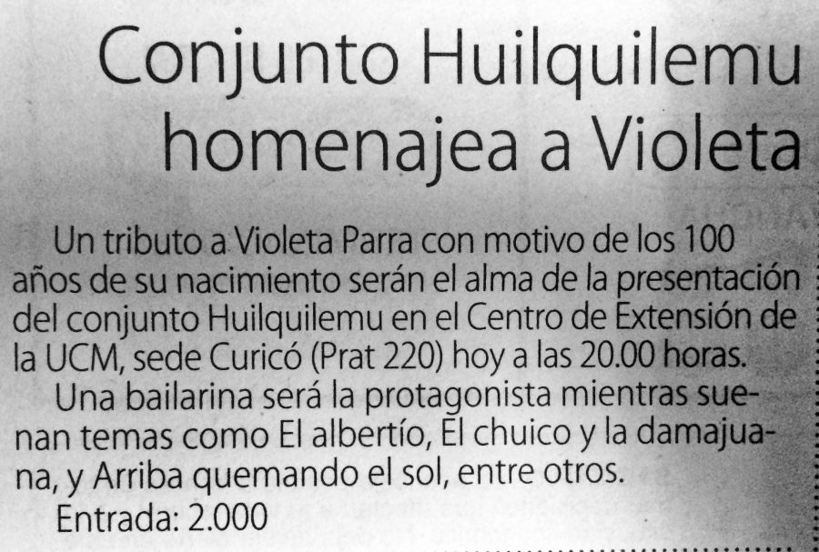 27 de julio en Diario El Centro: “Conjunto Huilquilemu homenajea a Violeta”