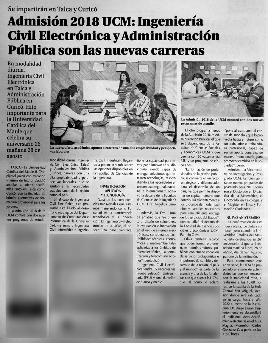 27 de agosto en Diario El Centro: “Admisión 2018 UCM: Ingeniería Civil Electrónica y Administración Pública son las nuevas carreras”