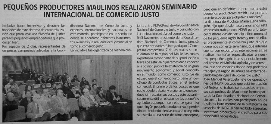 28 de mayo en Diario El Centro: “Pequeños productores maulinos realizaron seminario internacional de Comercio Justo”