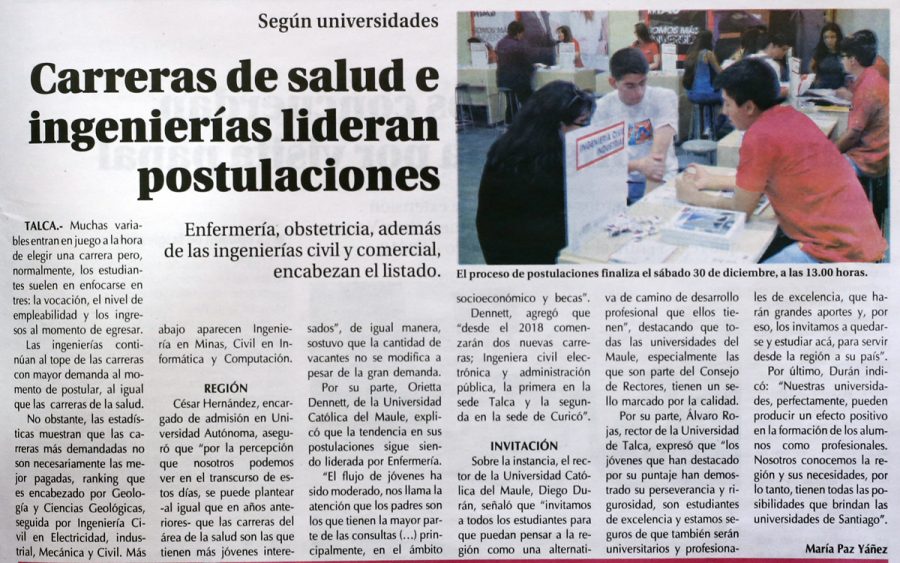 28 de diciembre en Diario El Centro: “Carreras de la salud e ingenierías lideran postulaciones”