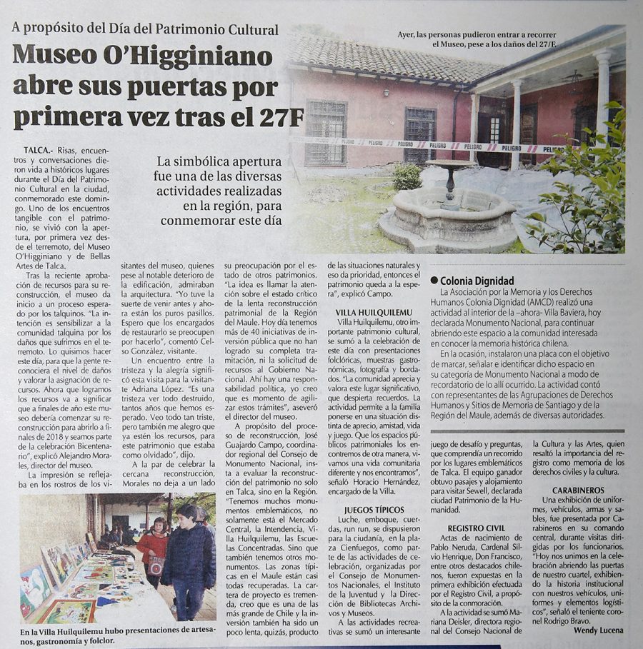 29 de mayo en Diario El Centro: “Museo O’Higginiano abre sus puertas por primera vez tras el 27F”