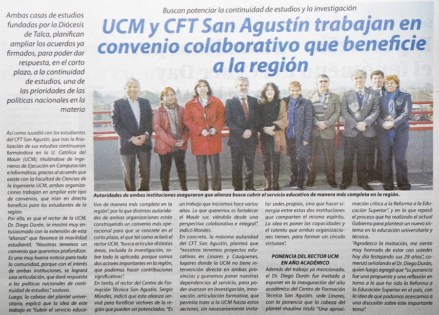 29 de mayo en Diario El Centro: “UCM y CFT San Agustín trabajan en convenio colaborativo que beneficie a la región”