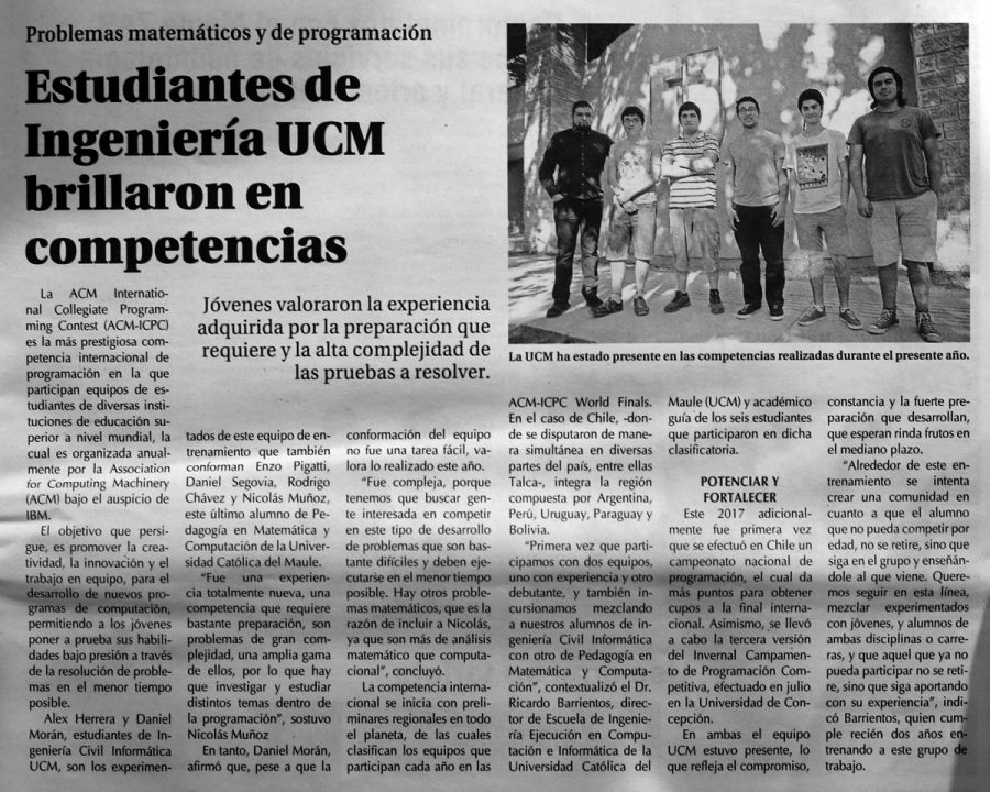 03 de diciembre en Diario El Centro: “Estudiantes de Ingeniería UCM brillaron en competencias”