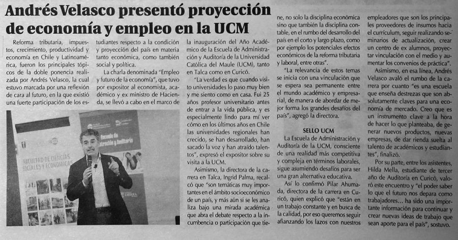 30 de abril en Diario El Centro: “Andrés Velasco presentó proyección de economía y empleo en la UCM”