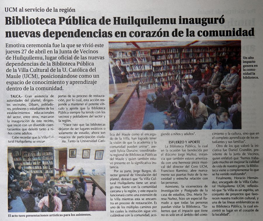 30 de abril en Diario El Centro: “Biblioteca Pública de Huilquilemu inauguró nuevas dependencias en corazón de la comunidad”