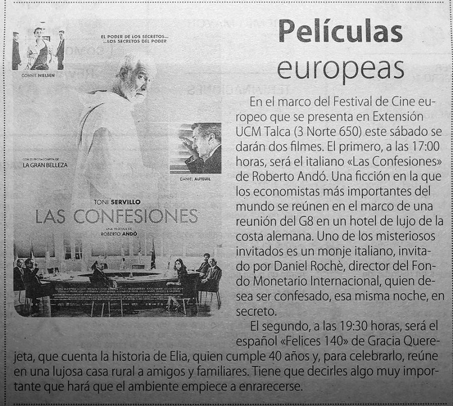 30 de junio en Diario El Centro: “Películas europeas”