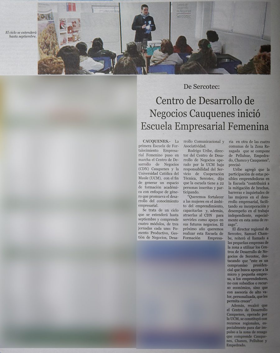 30 de julio en Diario El Centro: “Centro de Desarrollo de Negocios Cauquenes inició Escuela Empresarial Femenina”