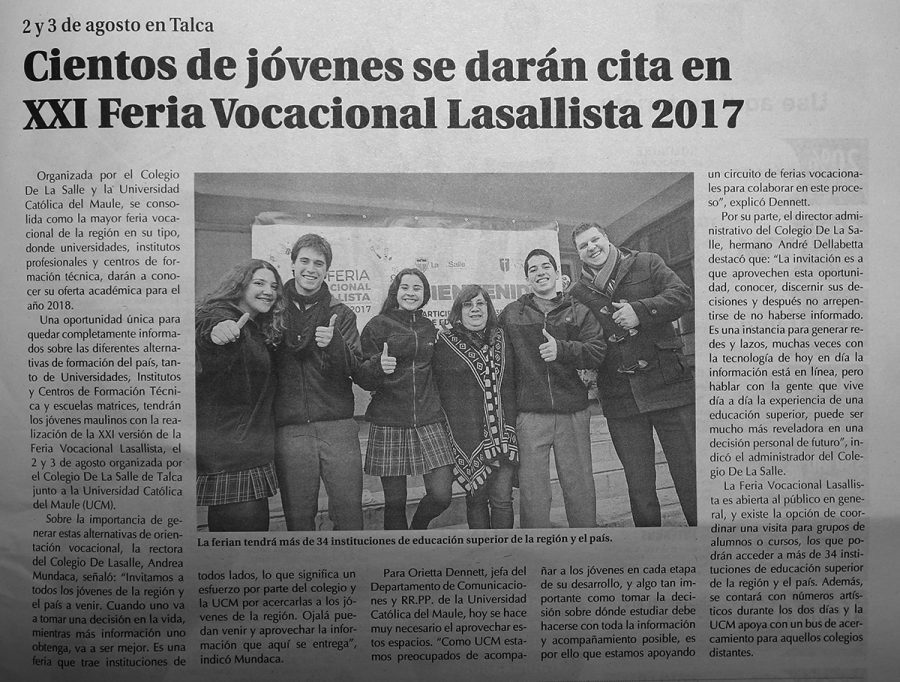 30 de julio en Diario El Centro: “Cientos de jóvenes se darán cita en XXI Feria Vocacional Lasallista 2017”