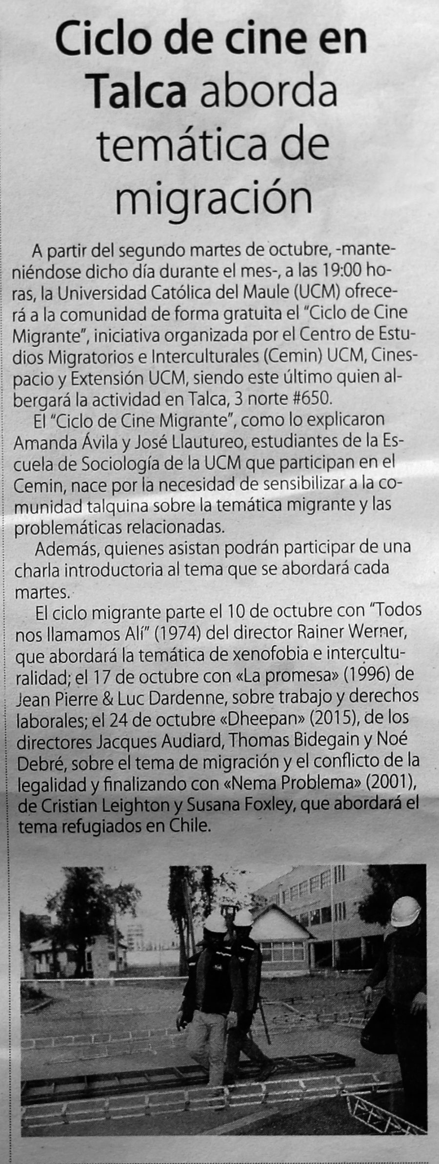 30 de septiembre en Diario El Centro: “Ciclo de cine en Talca aborda temática de migración”