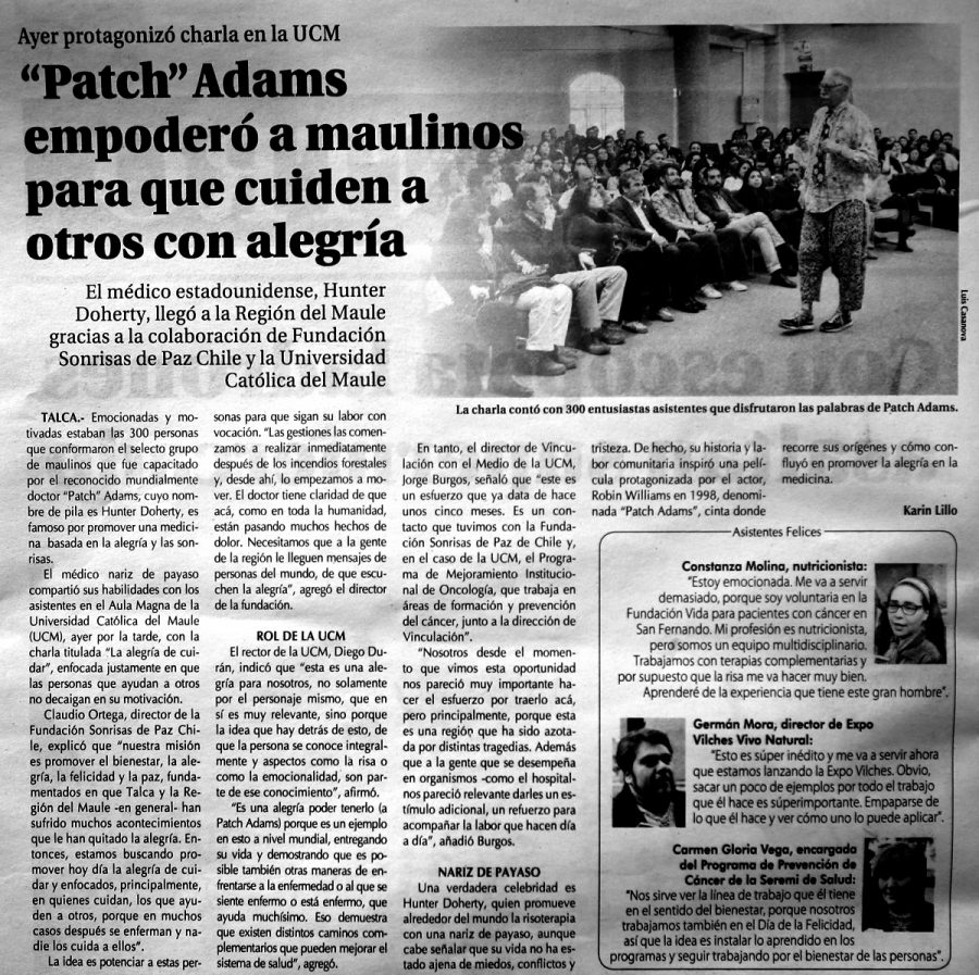 30 de octubre en Diario El Centro: “Patch Adams empoderó a maulinos para que cuiden a otros con alegría”