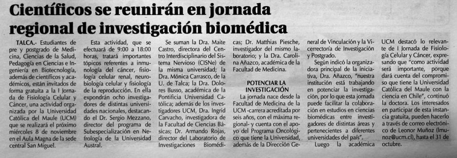 30 de octubre en Diario El Centro: “Científicos se reunirán en jornada regional de investigación biomédica”