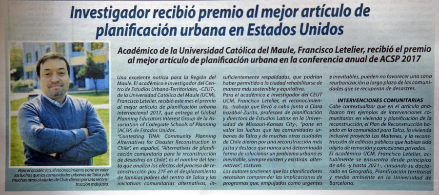 30 de octubre en Diario El Centro: “Investigador recibió premio al mejor artículo de planificación urbana en Estados Unidos”