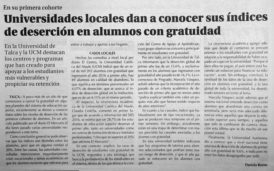 31 de mayo en Diario El Centro: “Universidades locales dan a conocer sus índices de deserción en alumnos con gratuidad”