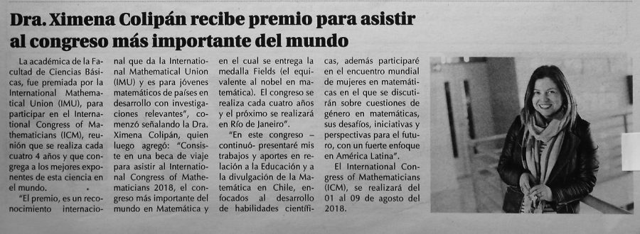 31 de diciembre en Diario El Centro: “Dra. Ximena Colipán recibe premio para asistir al congreso más importante del mundo”