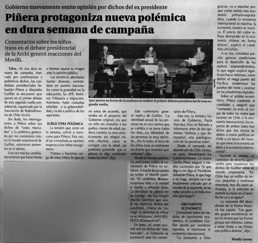08 de diciembre en Diario El Centro: “Piñera protagoniza nueva polémica en dura semana de campaña”