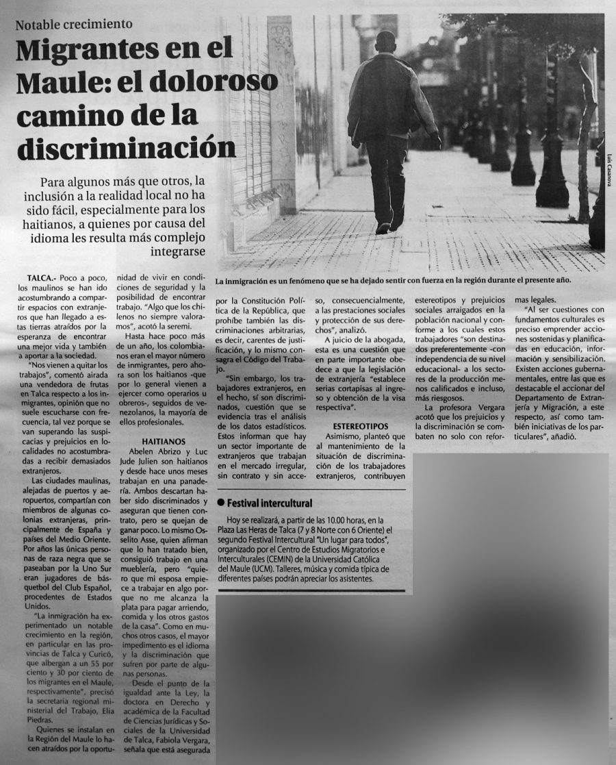 09 de diciembre en Diario El Centro: “Migrantes en el Maule: el doloroso camino de la discriminación”