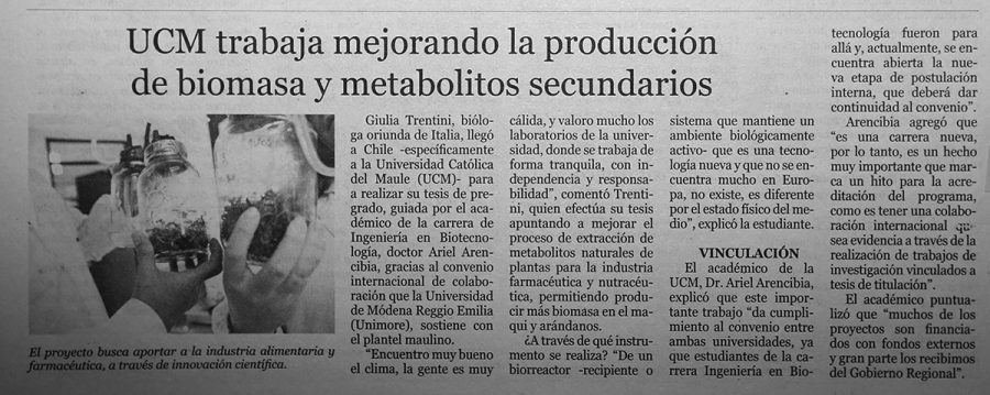12 de junio en Diario El Centro: “UCM trabaja mejorando la producción de biomasa y metabolitos secundarios”