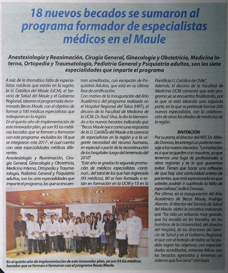 12 de junio en Diario El Centro: “18 nuevos becados se sumaron al programa formador de especialistas médicos en el Maule”