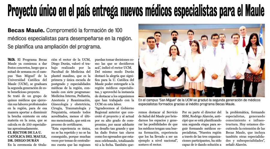 09 de julio en Diario La Prensa: “Proyecto único en el país entrega nuevos médicos especialistas para el Maule”