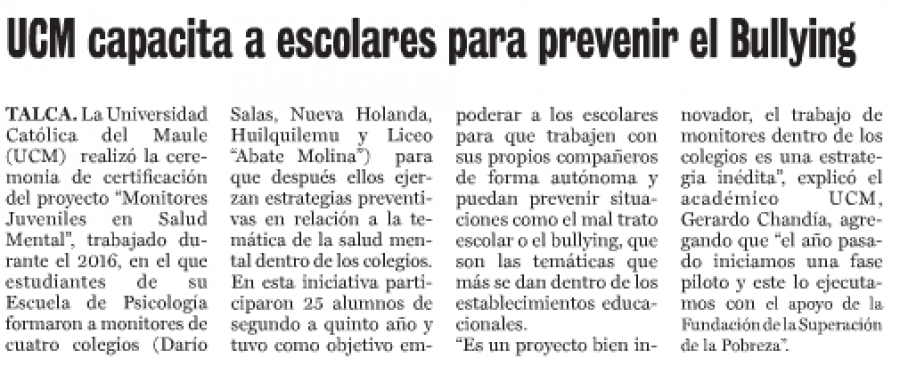 10 de enero 2017 en Diario La Prensa: “UCM capacita a escolares para prevenir el Bulling”
