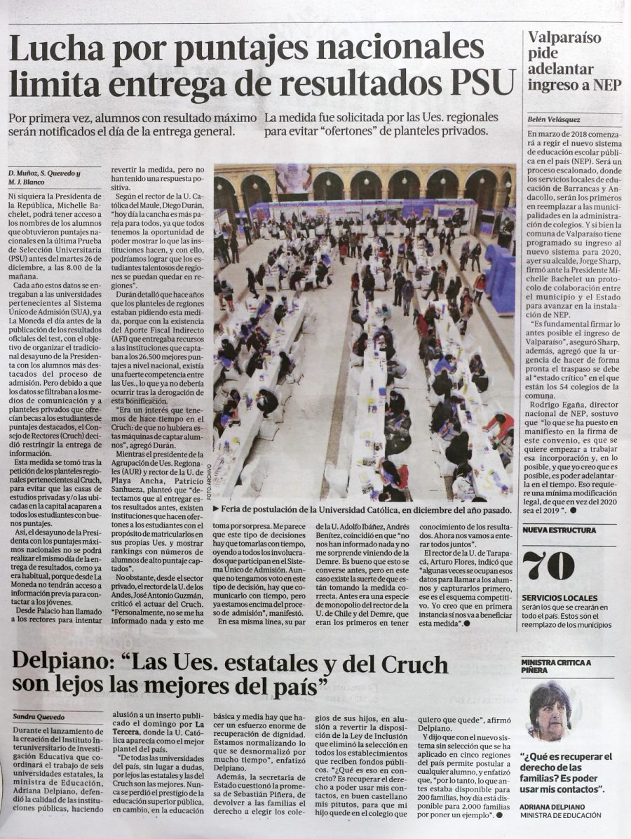 13 de diciembre en Diario La Tercera: “Lucha por puntajes nacionales limita entrega de resultados PSU”