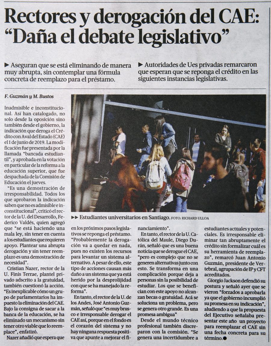 24 de junio en Diario La Tercera: “Rectores y derogación del CAE: “Daña el debate legislativo”