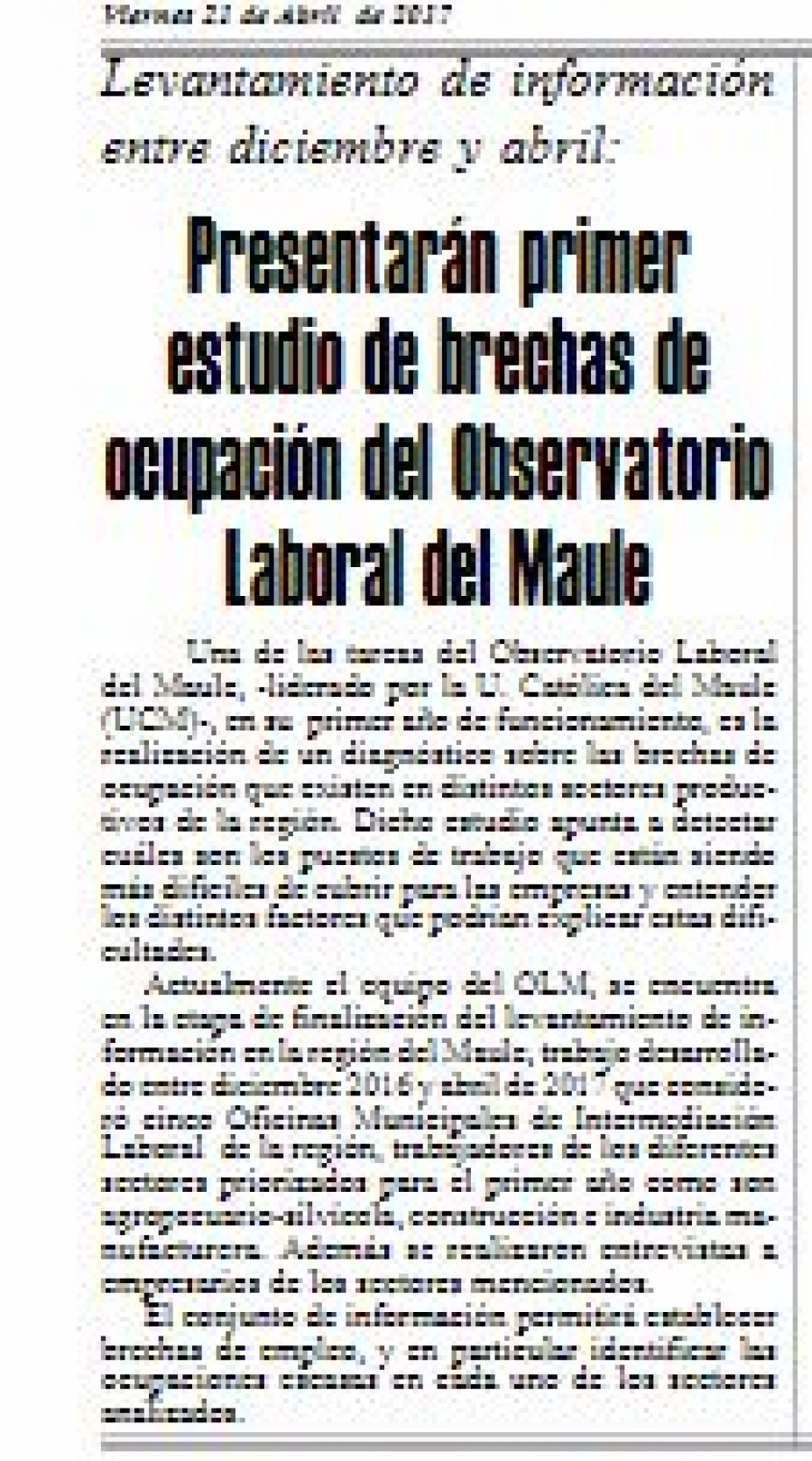 21 de abril en Diario El Heraldo: “Presentarán primer estudio de brechas de ocupación del Observatorio Laboral del Maule”