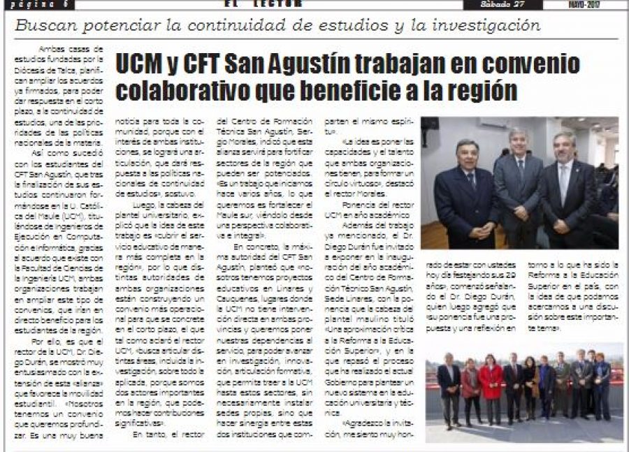 28 de mayo en Diario El Lector: “UCM y CFT San Agustín trabajan en convenio colaborativo que beneficie a la región”